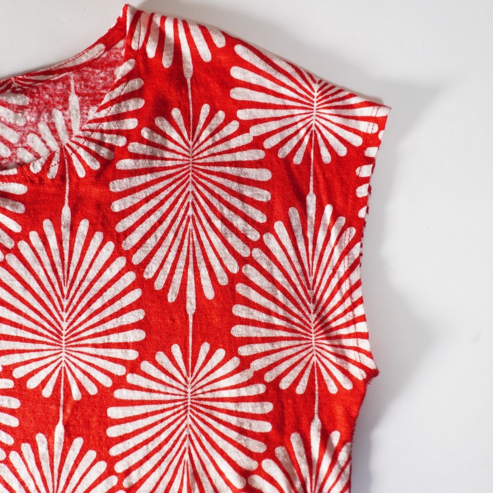 Joie 100% Linen Palm Print Top L 12 Red White Knit Cap Sleeve Blouse - Picture 4 of 8